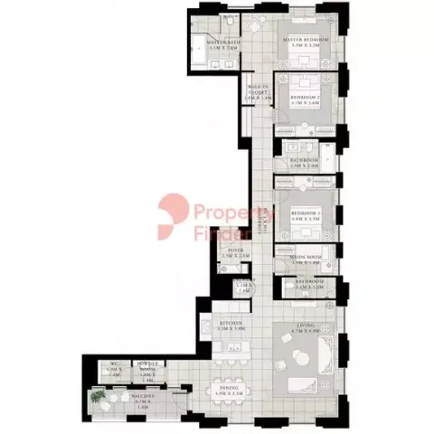 Plattegrond van 3 slaapkamers in Vida Residences Creek Beach