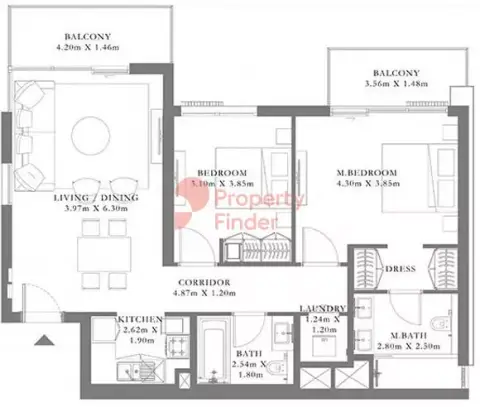 Plattegrond van 2 slaapkamers in Seagate