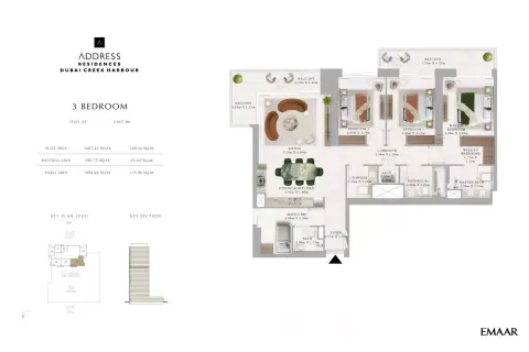 Plattegrond van 3 slaapkamers in Palace Residences - Dubai Creek Harbour
