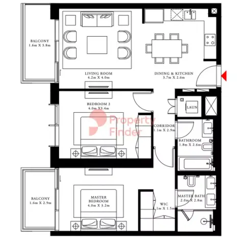 Plattegrond van 2 slaapkamers in Beach Isle