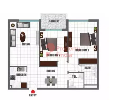 Plattegrond van 2 slaapkamers in Olivz Residence