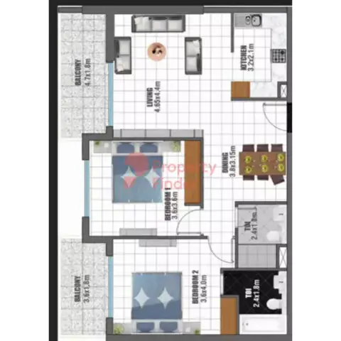 Plattegrond van 2 slaapkamers in Jewelz By Danube