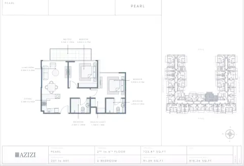 Plattegrond van 2 slaapkamers in Azizi Pearl