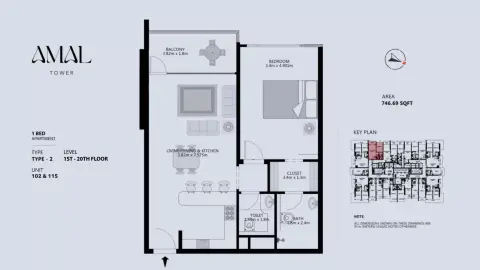 Plattegrond van 1 slaapkamer in Amal Tower