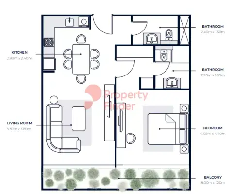 Plattegrond van 1 slaapkamer in Azizi Riviera