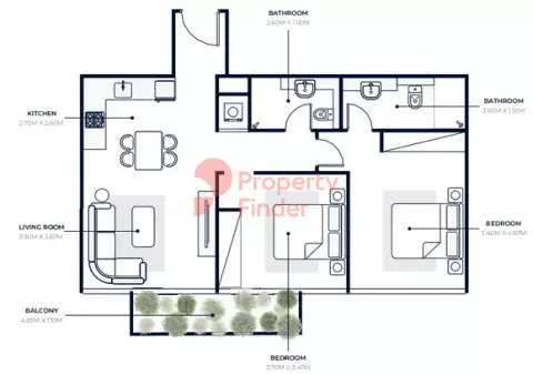 Plattegrond van 2 slaapkamers in Azizi Riviera