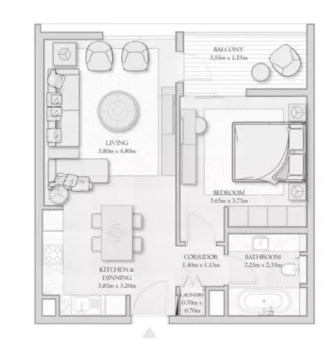 Plattegrond van 1 slaapkamer in Sirdhana
