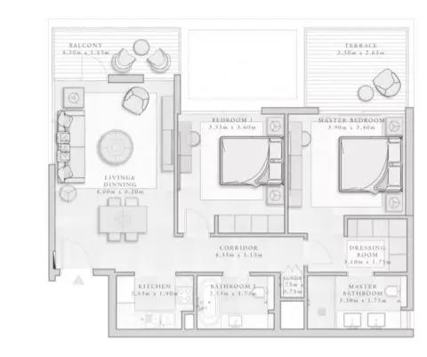 Plattegrond van 2 slaapkamers in Sirdhana