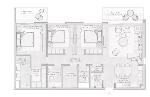 Plattegrond van 3 slaapkamers in Sirdhana