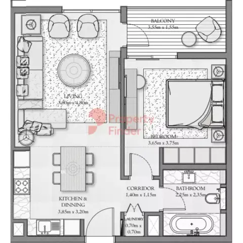 Plattegrond van 1 slaapkamer in Sirdhana