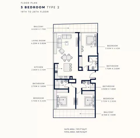 Plattegrond van 3 slaapkamers in Azizi Park Avenue