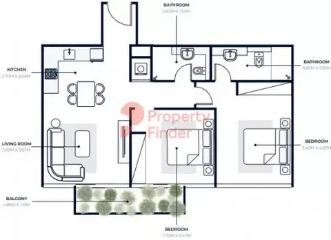 Plattegrond van 2 slaapkamers in Azizi Riviera 15