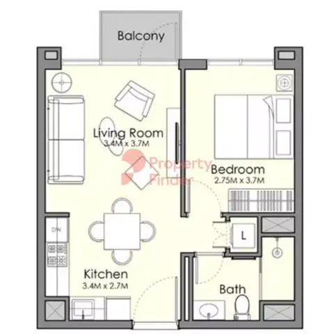 Plattegrond van 1 slaapkamer in UNA Apartments