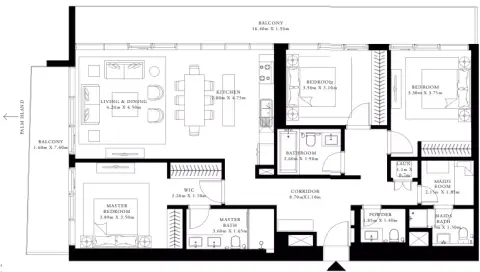 Plattegrond van 3 slaapkamers in Grand Bleu Tower
