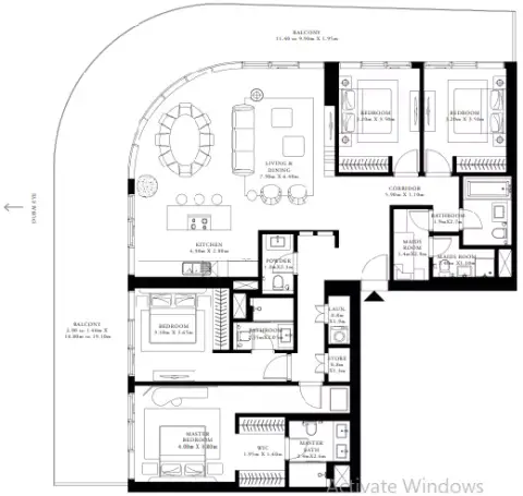 Plattegrond van 4 slaapkamers in Grand Bleu Tower