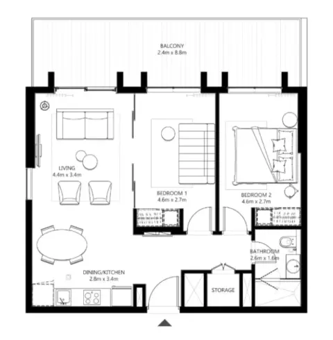Plattegrond van 2 slaapkamers in Socio at Dubai Hills Estate