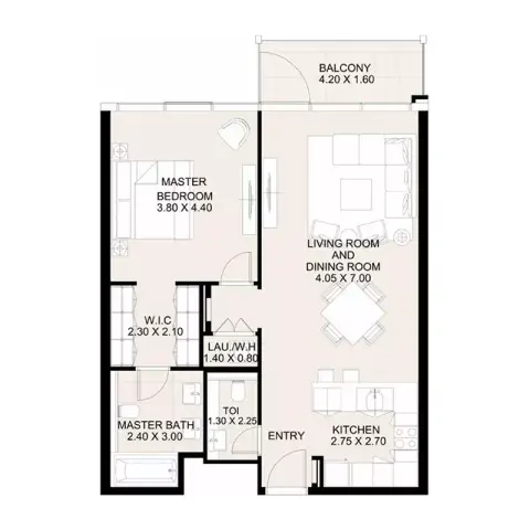 Plattegrond van 1 slaapkamer in Canal Front Residences 3 and 4