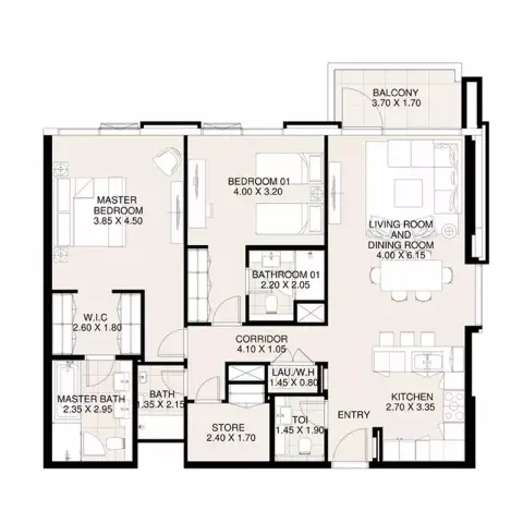 Plattegrond van 2 slaapkamers in Canal Front Residences 3 and 4