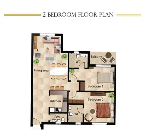 Plattegrond van 2 slaapkamers in Dar Al Jawhara