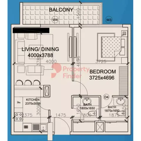 Plattegrond van 1 slaapkamer in Marwa Heights