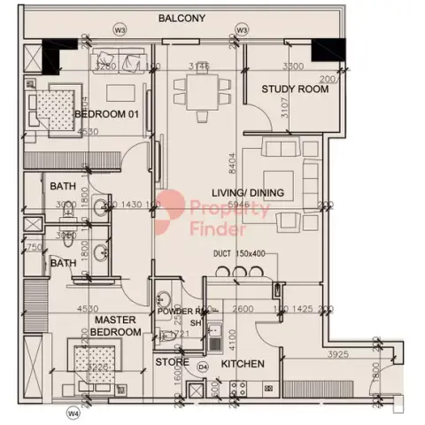 Plattegrond van 3 slaapkamers in Marwa Heights