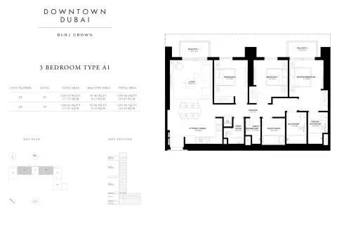 Plattegrond van 3 slaapkamers in Burj Crown