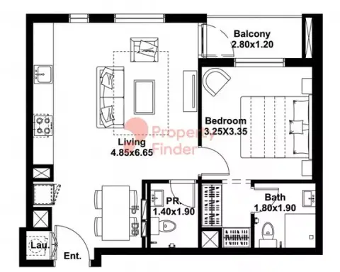 Plattegrond van 1 slaapkamer in Midtown Noor