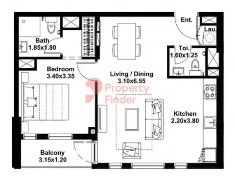 Plattegrond van 1 slaapkamer in Midtown Noor