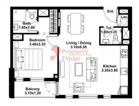 Plattegrond van 1 slaapkamer in Midtown Noor