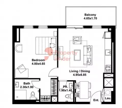 Plattegrond van 1 slaapkamer in Midtown Noor