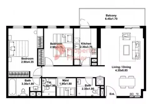 Plattegrond van 2 slaapkamers in Midtown Noor