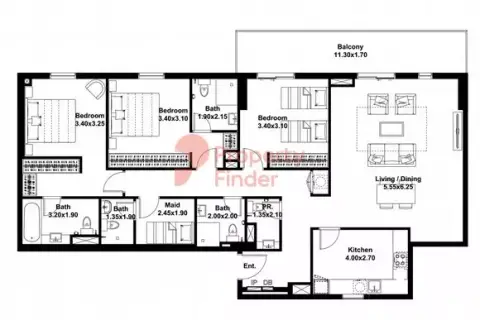 Plattegrond van 3 slaapkamers in Midtown Noor