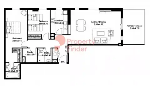 Plattegrond van 2 slaapkamers in Midtown Noor