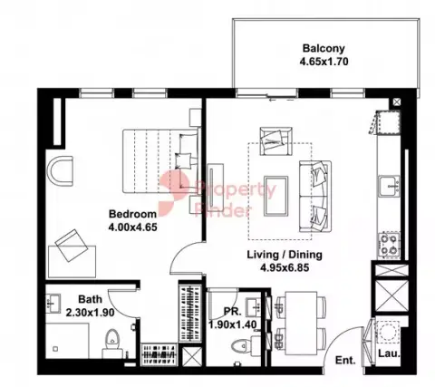Plattegrond van 1 slaapkamer in Midtown Noor