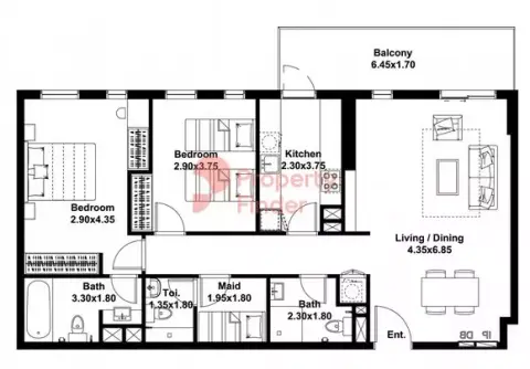 Plattegrond van 2 slaapkamers in Midtown Noor