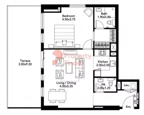 Plattegrond van 1 slaapkamer in Midtown Noor