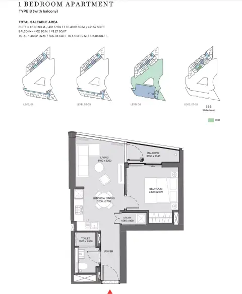 Plattegrond van 1 slaapkamer in Sobha Hartland Waves