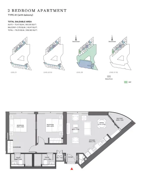 Plattegrond van 2 slaapkamers in Sobha Hartland Waves