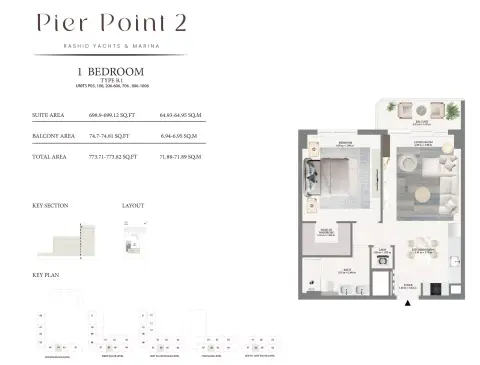Plattegrond van 1 slaapkamer in Pier Point Phase 2 By Emaar