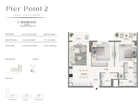 Plattegrond van 2 slaapkamers in Pier Point Phase 2 By Emaar