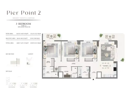Plattegrond van 3 slaapkamers in Pier Point Phase 2 By Emaar