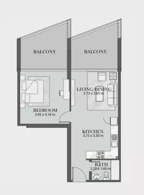 Plattegrond van 1 slaapkamer in Binghatti Crystals