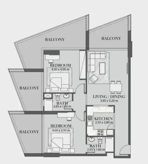 Plattegrond van 2 slaapkamers in Binghatti Crystals