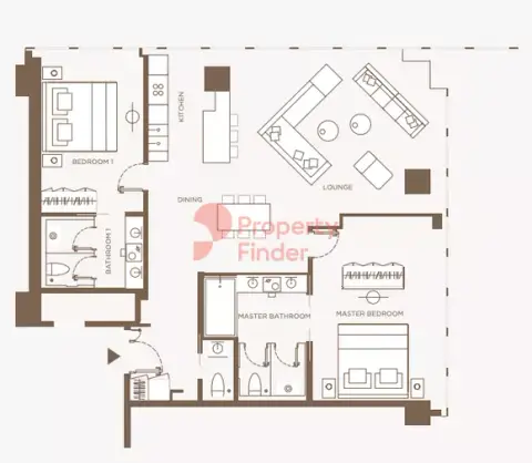 Plattegrond van 2 slaapkamers in One Zaabeel