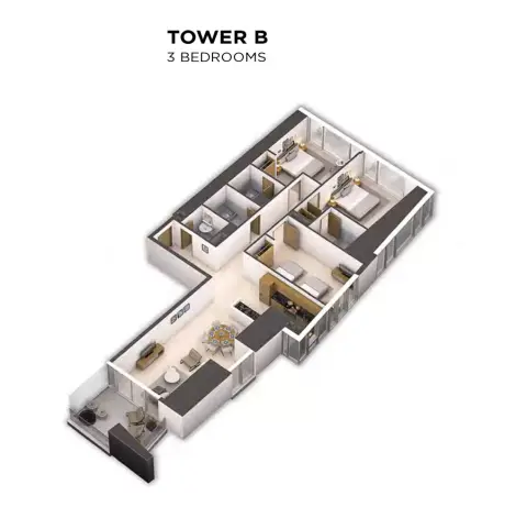 Plattegrond van 3 slaapkamers in Aykon City - Tower B