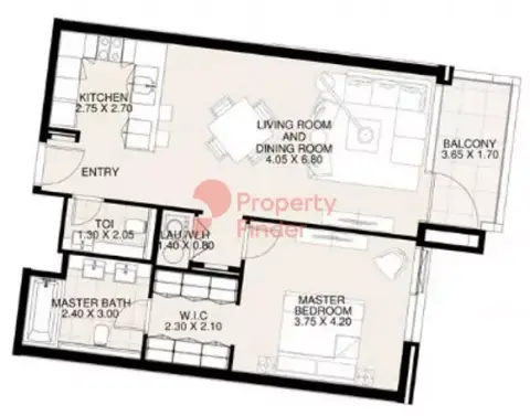 Plattegrond van 1 slaapkamer in Canal Front Residences By Meydan