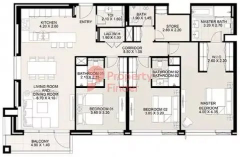 Plattegrond van 3 slaapkamers in Canal Front Residences By Meydan