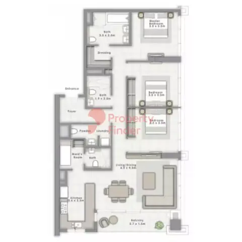 Plattegrond van 3 slaapkamers in Forte Phase 2 By Emaar