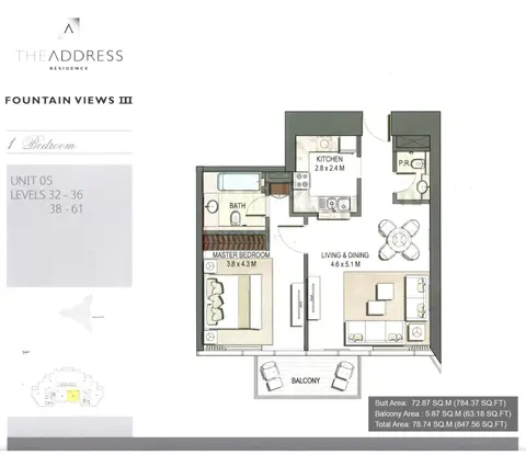 Plattegrond van 1 slaapkamer in Address Fountain Views