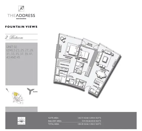 Plattegrond van 2 slaapkamers in Address Fountain Views